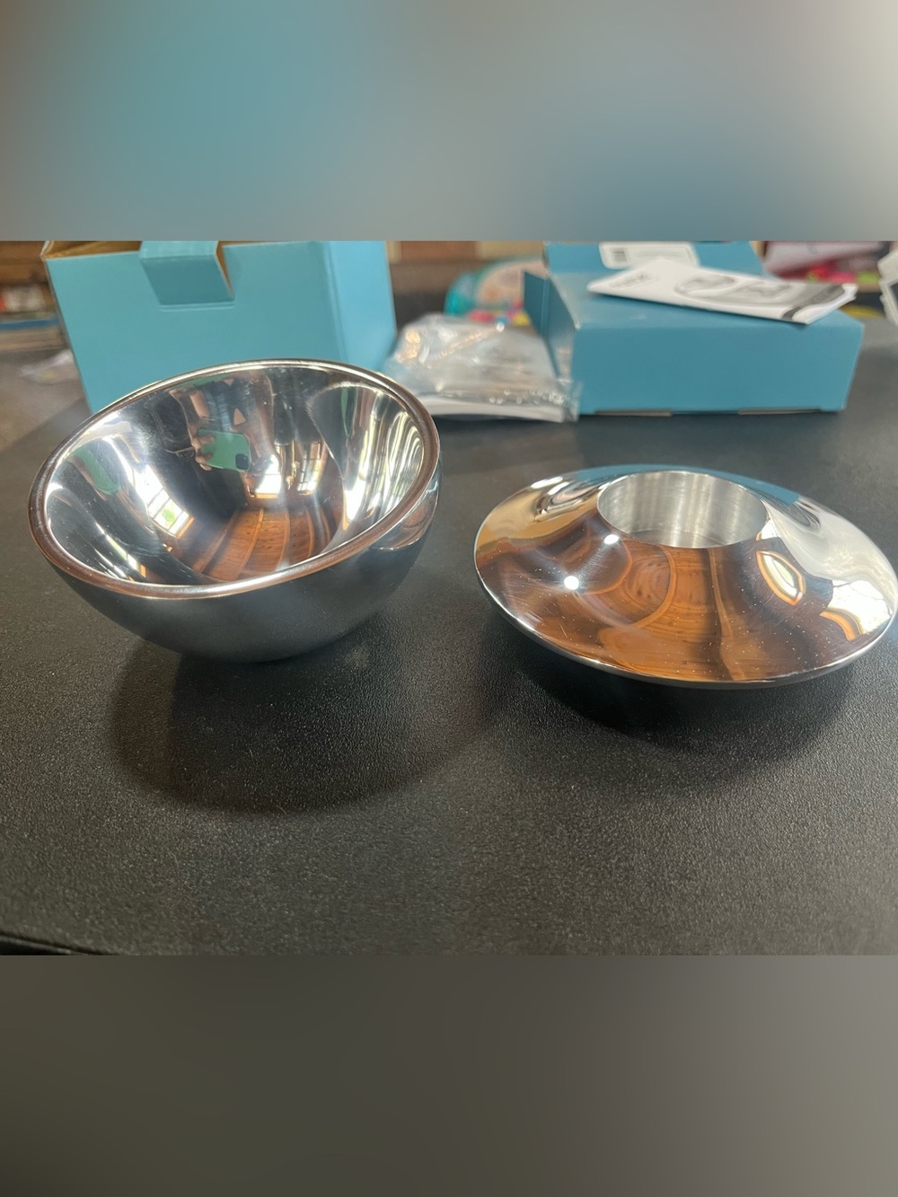Set of 2 NAMBE’ items. Bowl and candleholder. Silver tone. Pre-owned